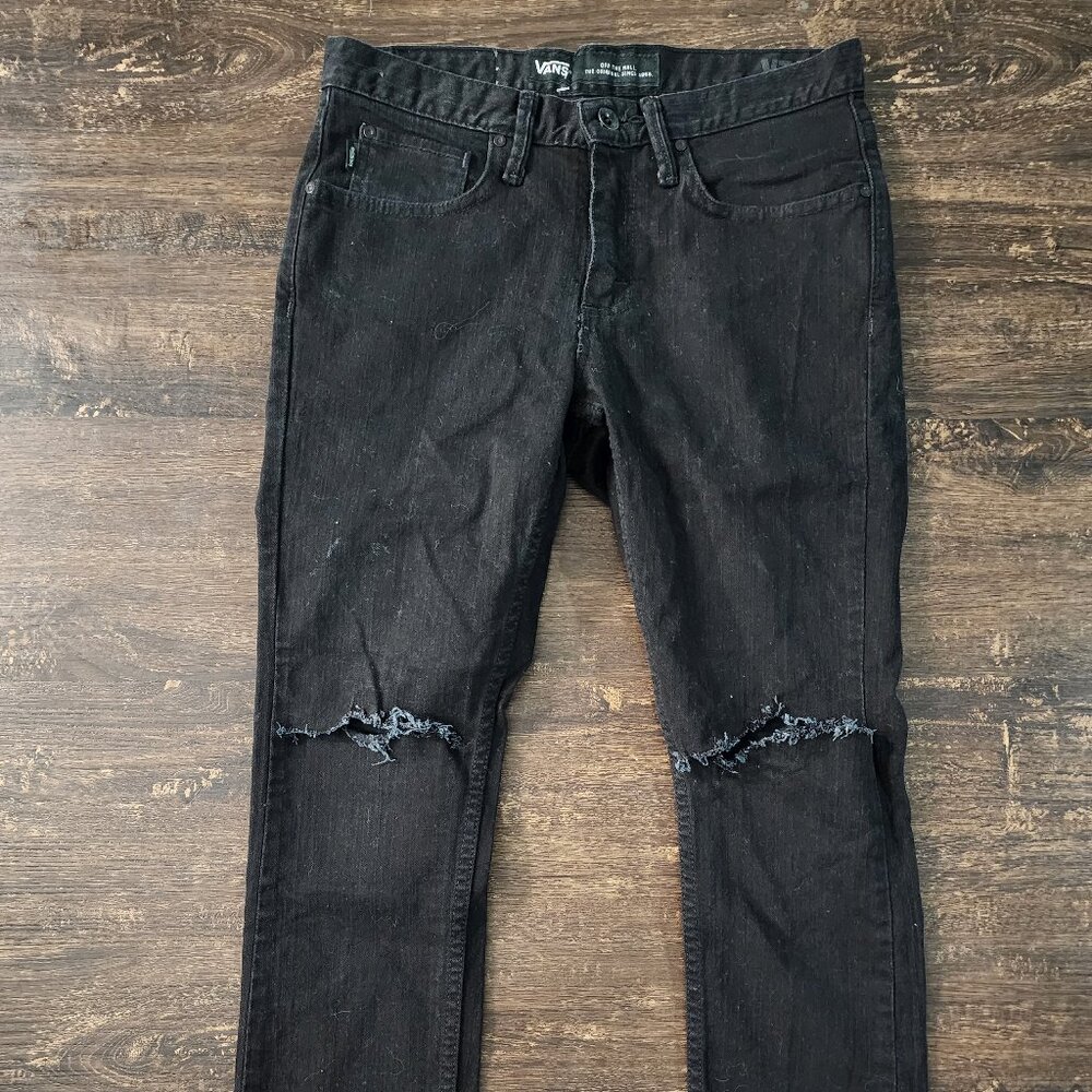 Vans Jeans Mens 28x24 V76 Skinny Black Denim Skater Unisex Destressed